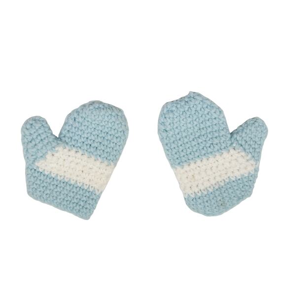 Vintage Handmade Blue and White Crocheted Kids Winter Mittens Gloves - Picture 2 of 4